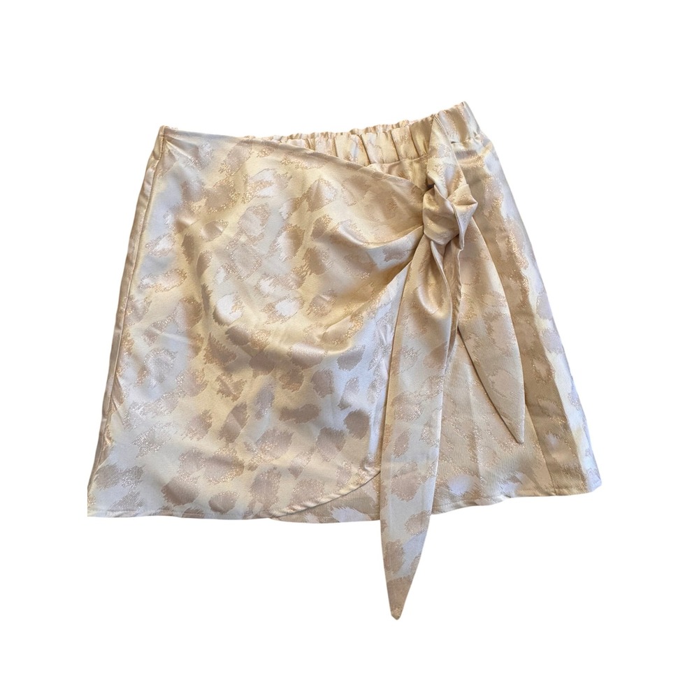 Judith March Champagne Gold Metallic Leopard Jacquard Wrap Mini Skirt Small
